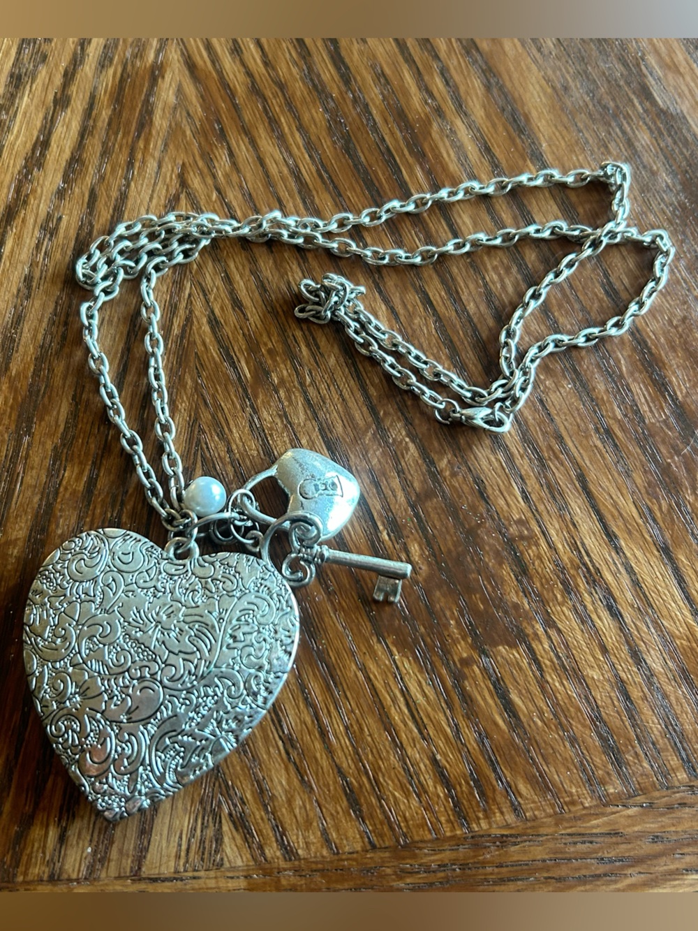 Vintage Silver Tone Large Engraved Heart with Key and Lock Costume Necklace